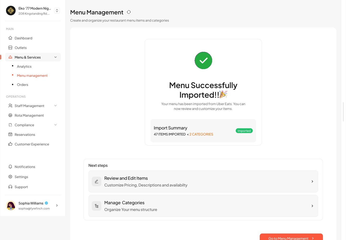 Menu successfully imported screen with import summary and next steps to review items or manage categories.