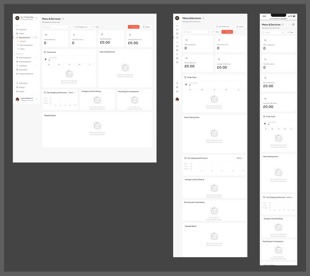The Menu and Services screen shown at desktop, tablet and mobile widths side by side.