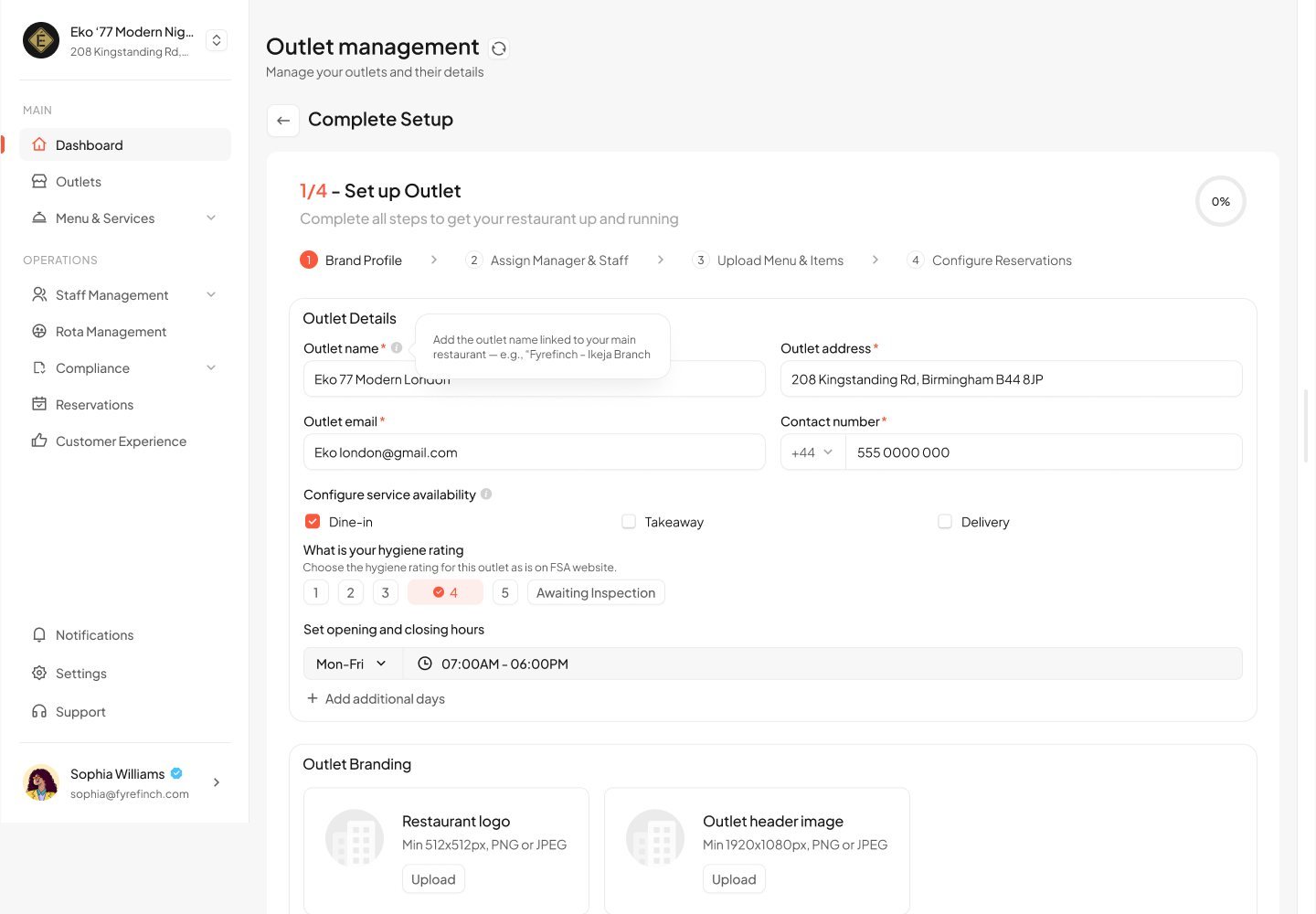 Complete Setup screen, step 1 of 4: outlet details form with brand profile, manager, menu and reservations steps.