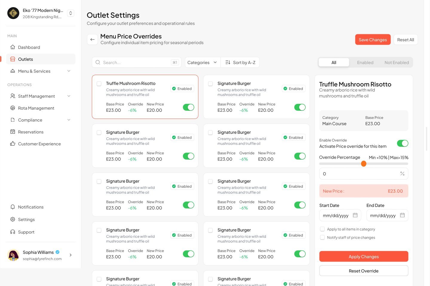 Menu Price Overrides screen with items, override percentages, a slider limited between minus 10 and plus 15 percent, and start and end dates.