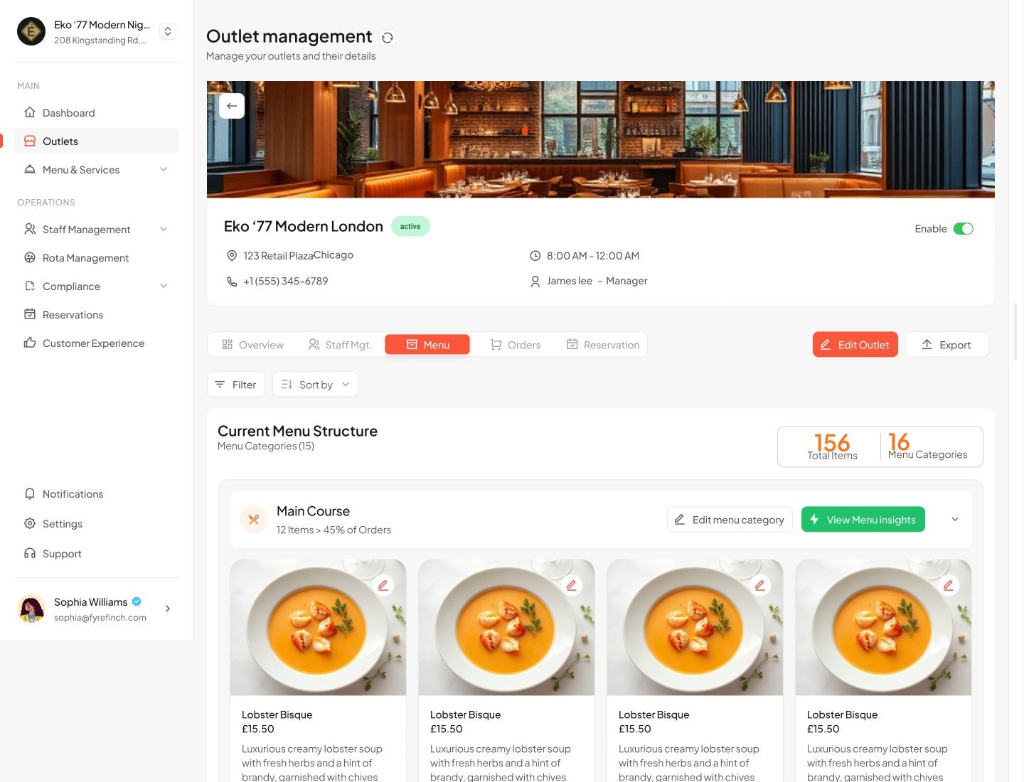 Outlet details page with a hero image, address, and the outlet's current menu structure.
