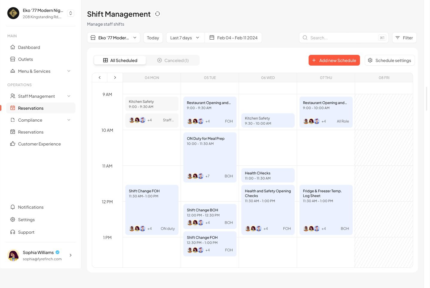 Shift management calendar showing a week of shifts like kitchen safety, restaurant opening and fridge temperature log sheets, tagged FOH and BOH.