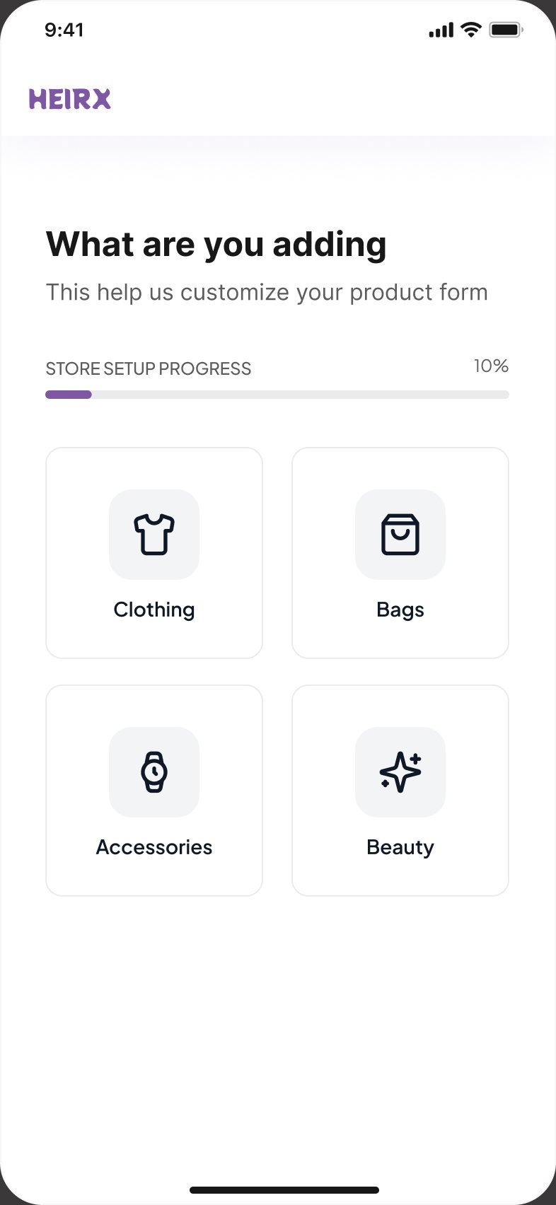What are you adding screen with clothing, bags, accessories and beauty category tiles and a store setup progress bar