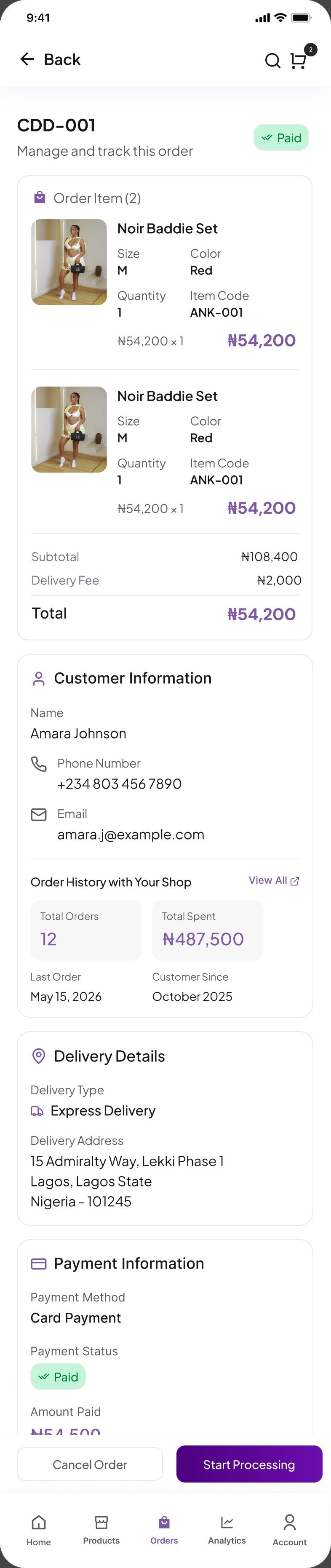 Order CDD-001, paid, with order items, sizes and colours, subtotal, delivery fee, total and customer information
