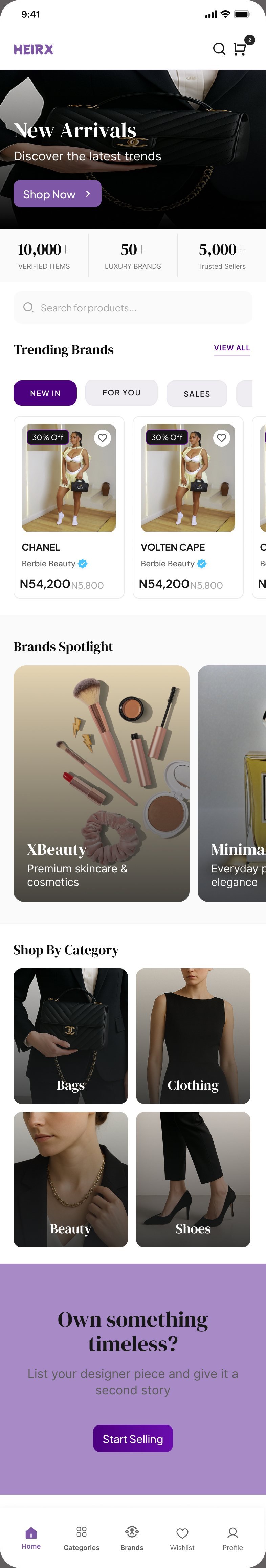 Home screen: New Arrivals hero, stats of 10,000+ verified items, 50+ luxury brands and 5,000+ trusted sellers, trending brands and product cards