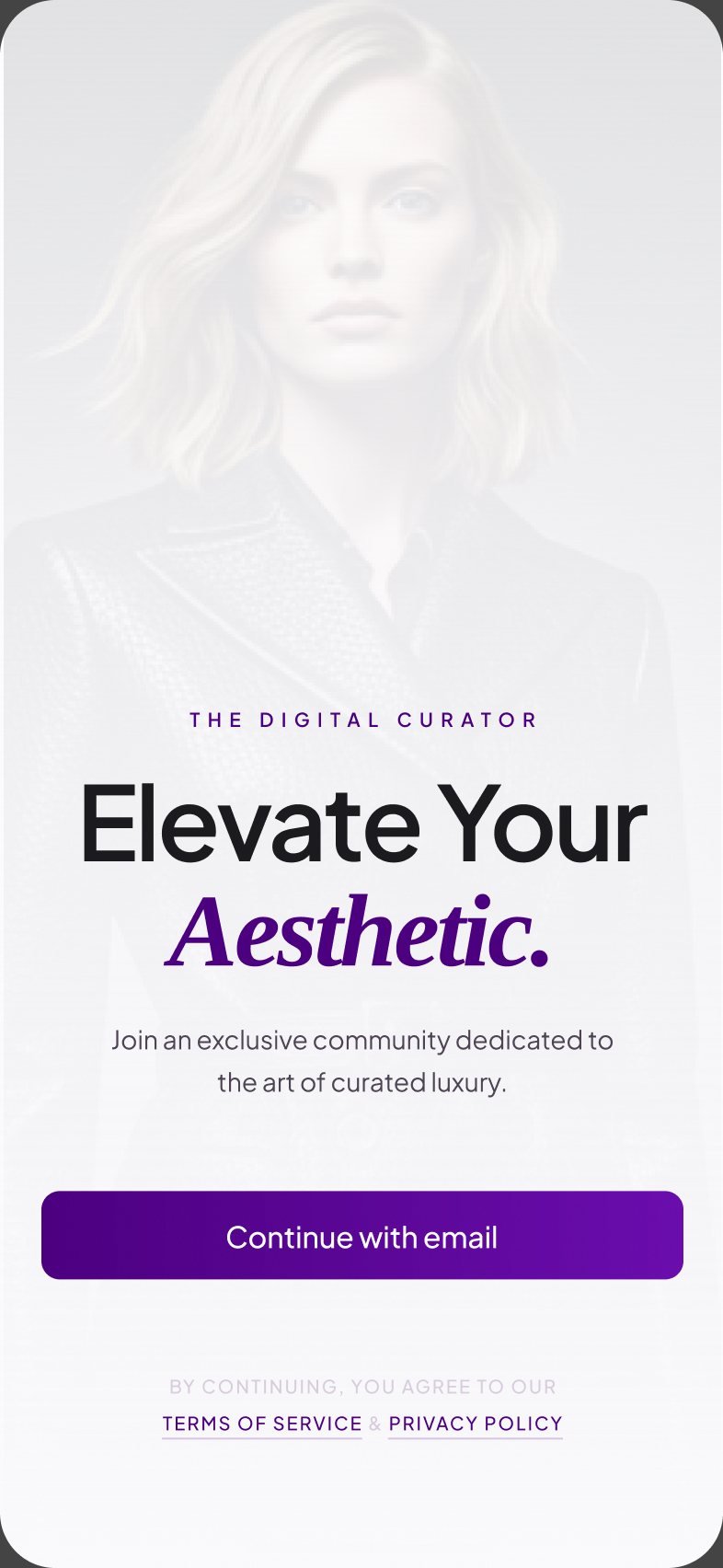 Onboarding screen: Elevate Your Aesthetic, join an exclusive community, with a Continue with email button