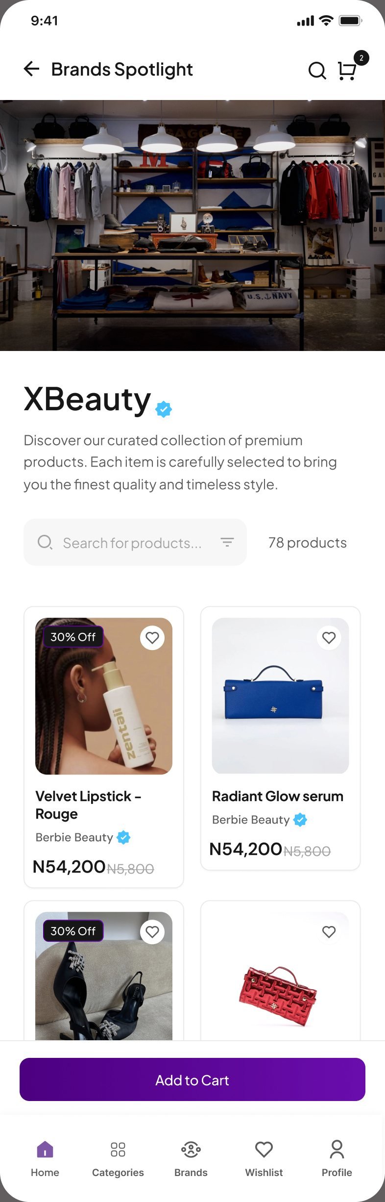 Brands Spotlight page for XBeauty with a boutique photo, verified badge, description and product grid
