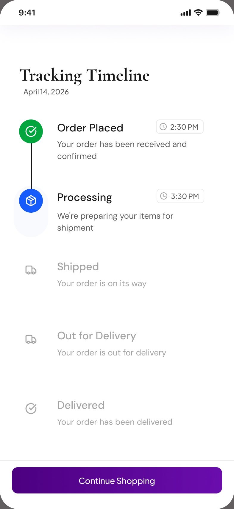 Tracking timeline: order placed, processing, shipped, out for delivery and delivered