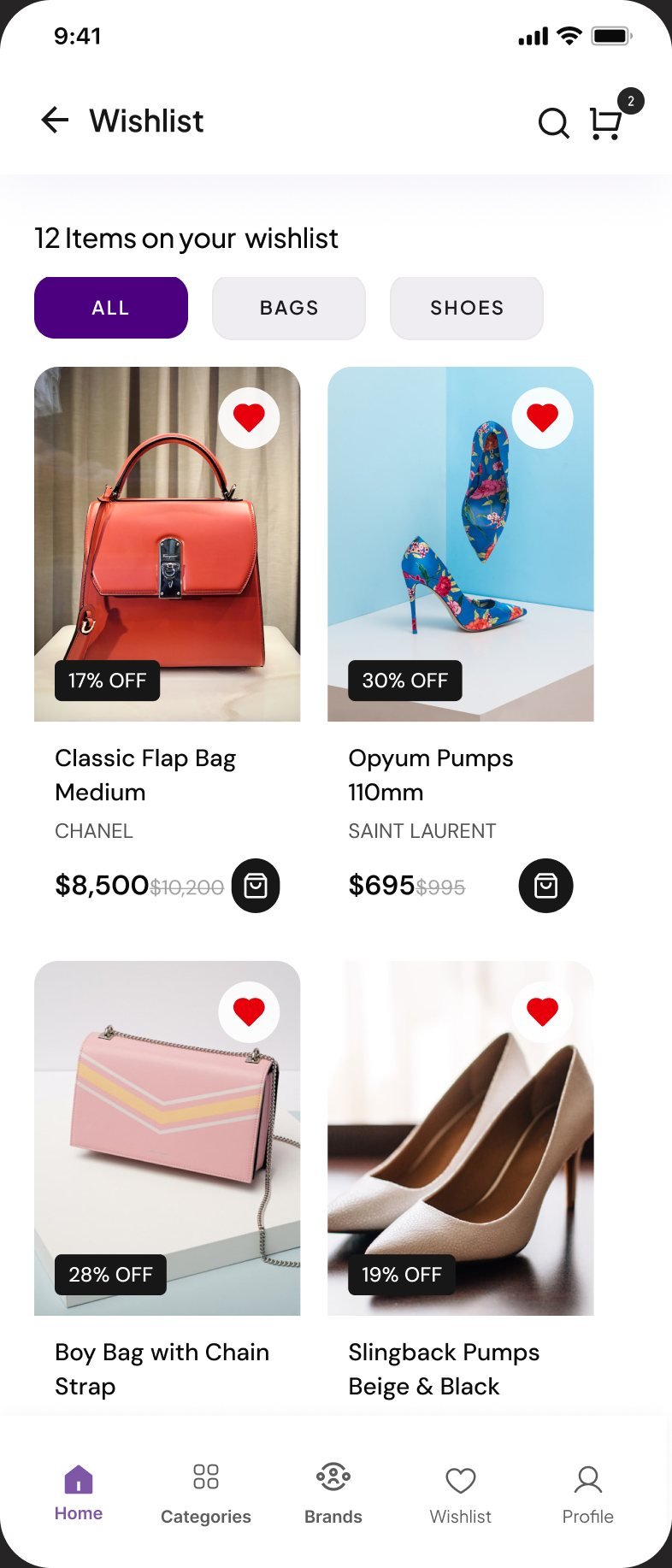 Wishlist with 12 items filtered by all, bags and shoes, showing designer bags and pumps with discounts