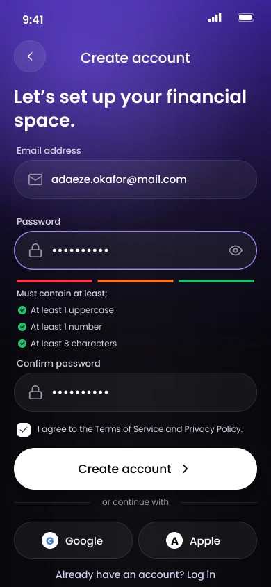 Create account screen with email, password strength meter and checklist, confirm password and Google and Apple sign up