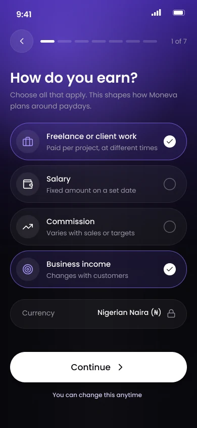 How do you earn screen, step 1 of 7, with freelance and business income selected