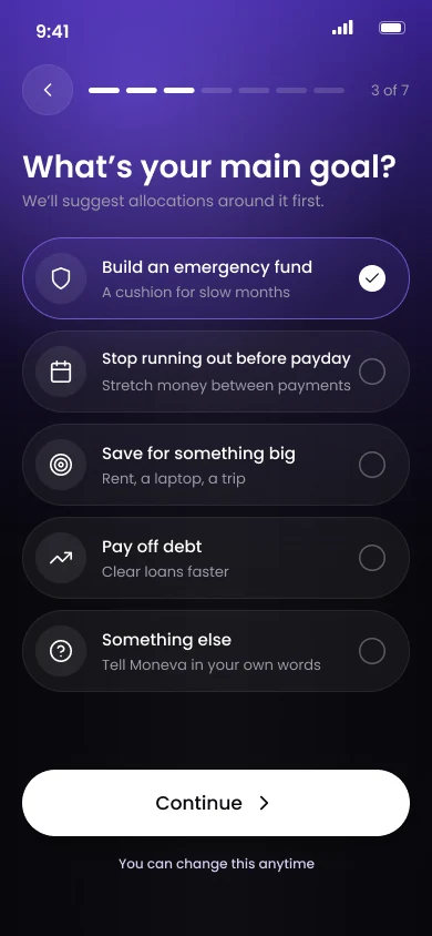 What's your main goal screen with build an emergency fund selected