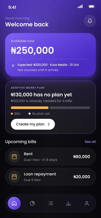 Home dashboard with a money plan card showing unplanned money