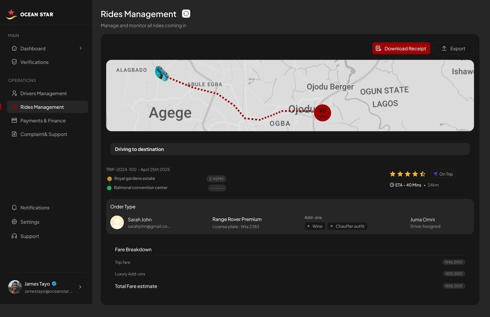 The same live ride tracking page in dark mode