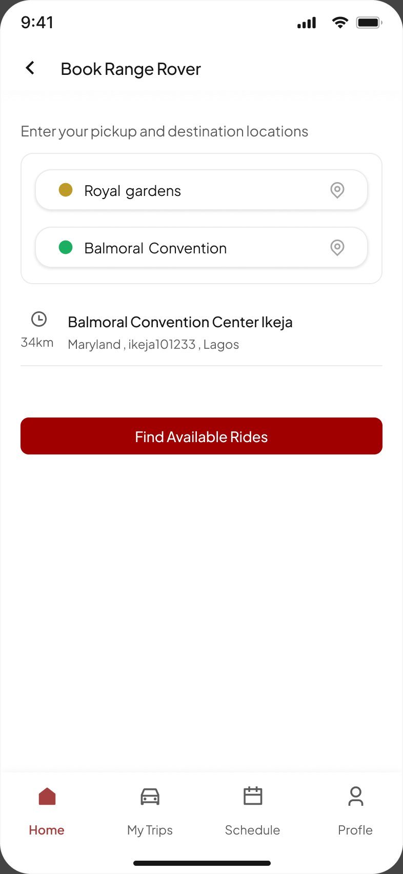 Book Range Rover screen with pickup Royal gardens and destination Balmoral Convention