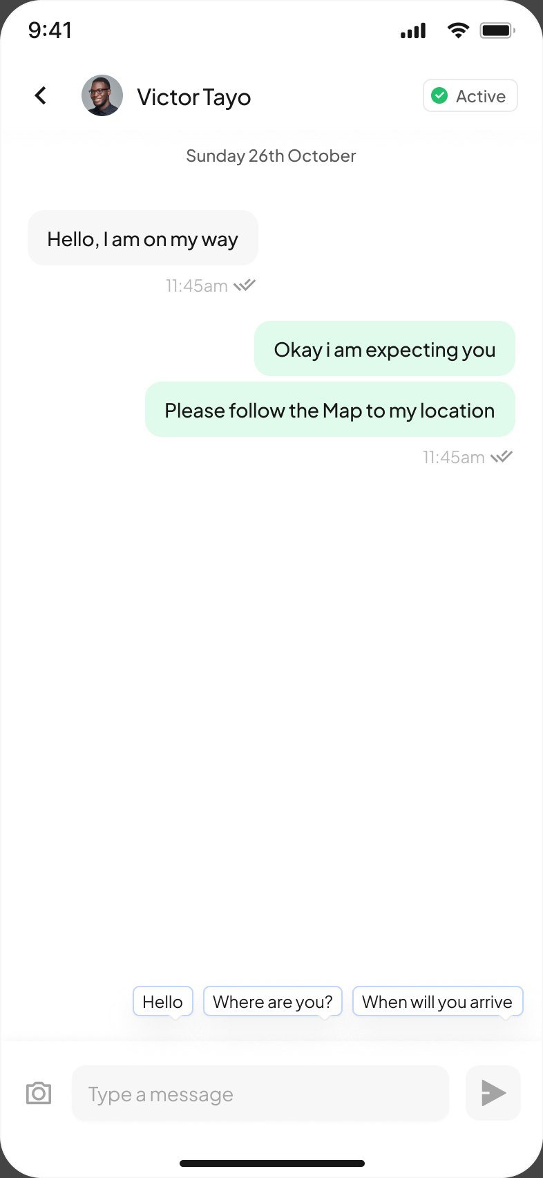 Chat with driver Victor Tayo showing messages and quick reply chips