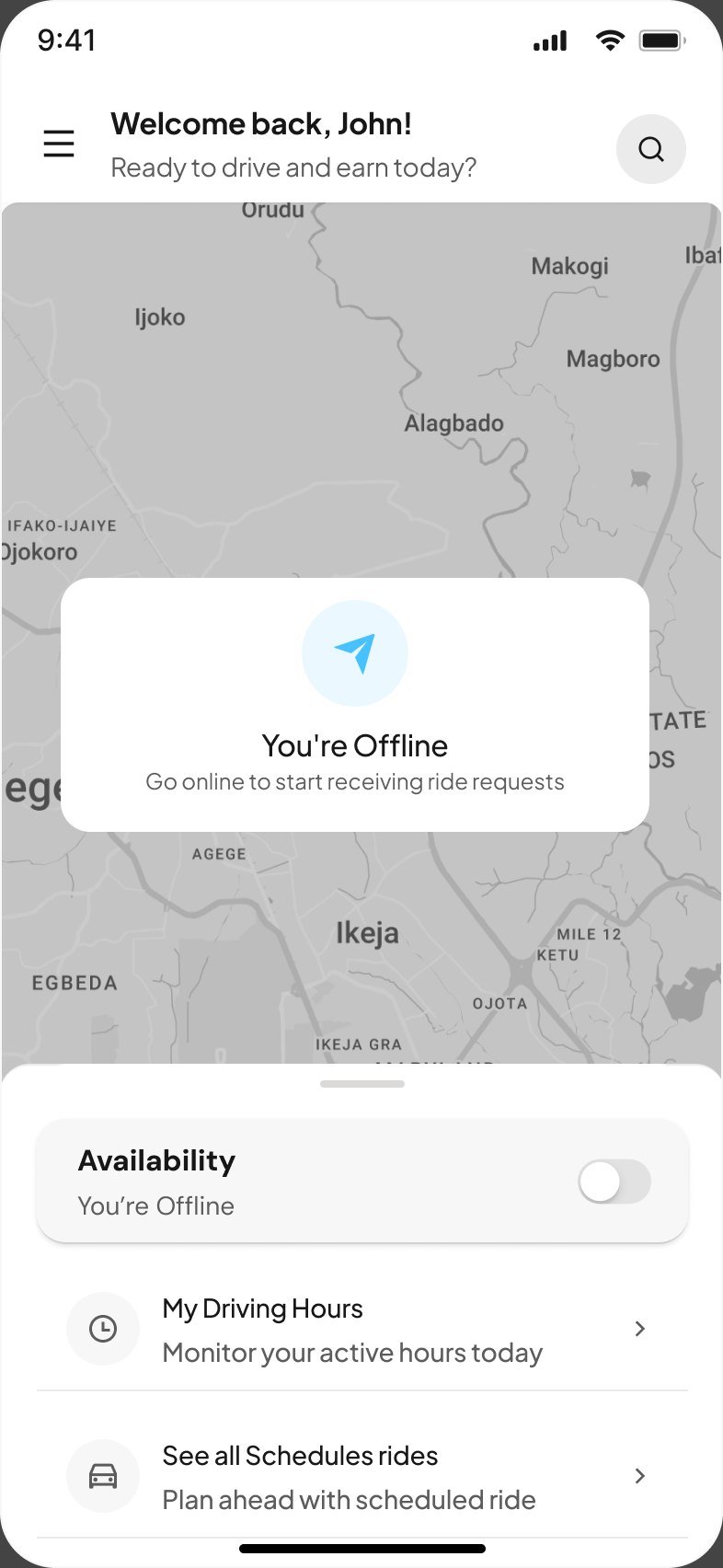 Driver home: Welcome back John, You're offline card and an availability toggle