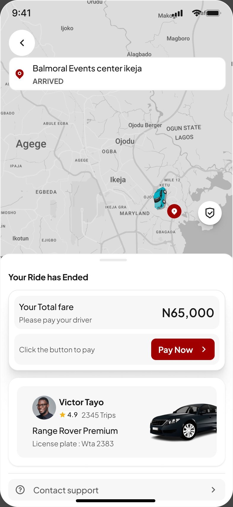 Your ride has ended screen with total fare 65,000 naira and a Pay Now button