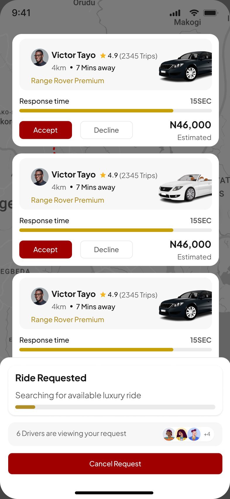 Driver offers list with Victor Tayo, 4.9 rating, 7 minutes away, response time bar and Accept or Decline buttons at 46,000 naira