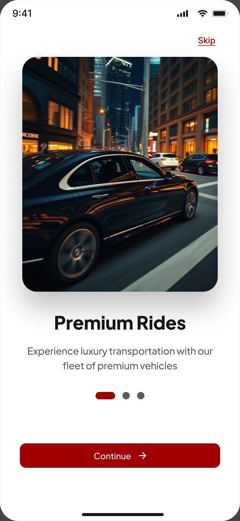 Onboarding slide titled Premium Rides with a black sedan at night