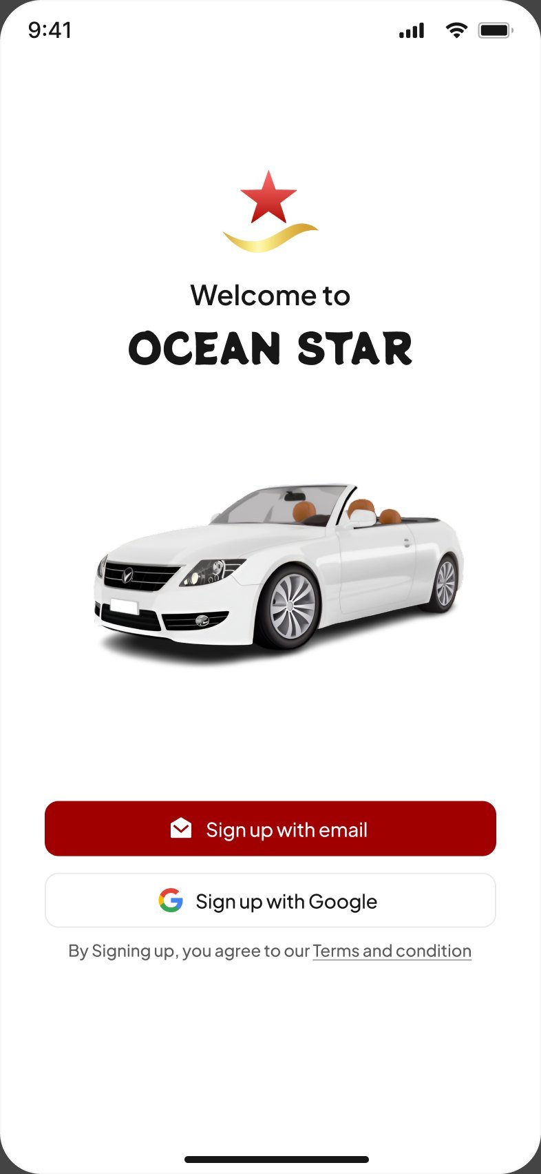 Welcome to Ocean Star screen with sign up with email and Google buttons
