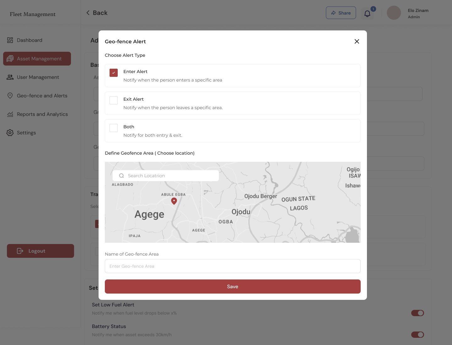 Geo-fence alert modal with enter, exit or both alert types, a map to define the area and a name field