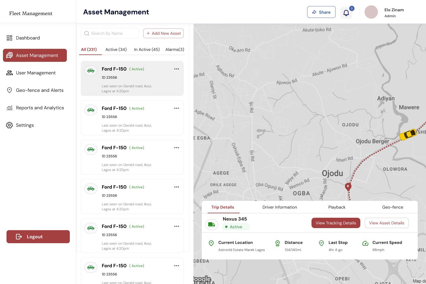 Asset management map with a list of Ford F-150 vehicles and a trip details card for Nexus 345 showing current location, distance, last stop and current speed
