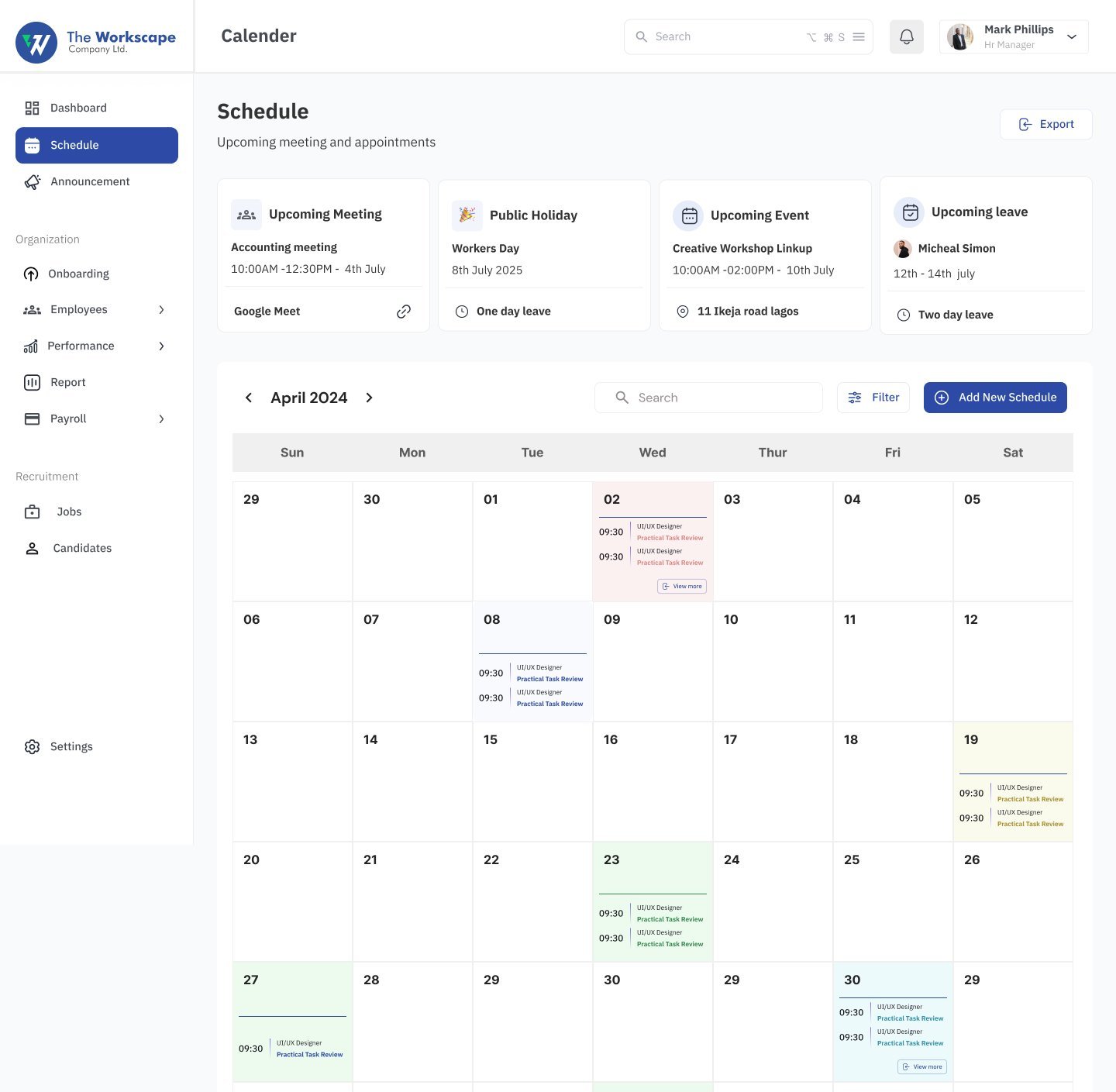 Schedule calendar for April 2024 with upcoming meeting, public holiday, upcoming event and upcoming leave cards
