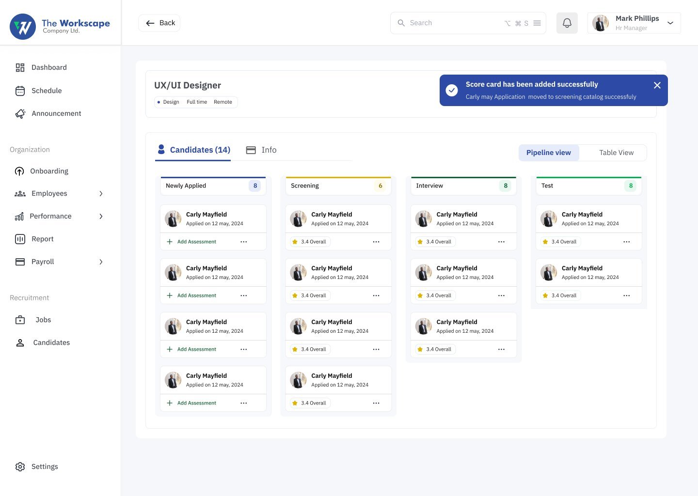 Candidate pipeline for UX/UI Designer with columns for newly applied, screening, interview and test, and a success toast