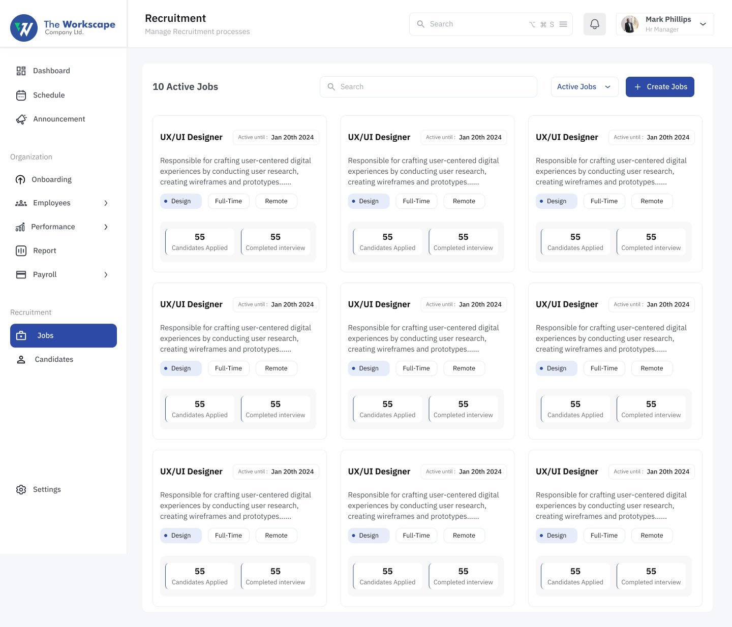 Recruitment page with 10 active job cards showing candidates applied and completed interviews